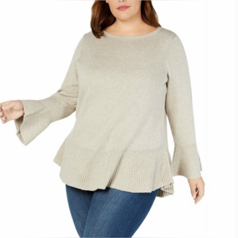 Style & Co Beige Knit Peplum Sweater Top 1X Ribbed Hem & Sleeves